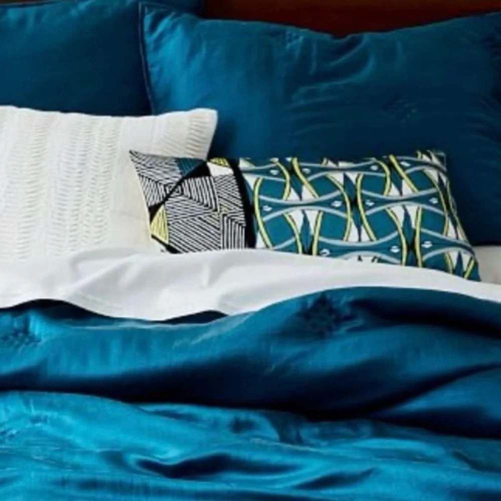West Elm Washed Silk Standard Shams, Set of Two Teal, Crescent Stitch